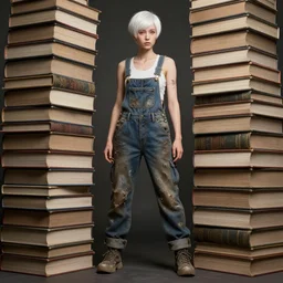 full body pose, beautiful adult library fairy, short white hair shaved sides, dirty, grungy, grunge, overalls, stacks of giant books, highly detailed, 4 k, hdr, smooth, sharp focus, high resolution, award - winning photo, artgerm, photorealistic