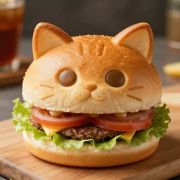 A hamburger with a cat head bun, photo realistic