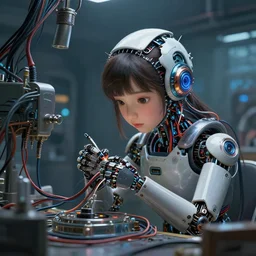 painting of a cute young robot girl undergoing advanced maintenance, lots of wires and advanced sci - fi technology, cool tones, highly detailed, trending on artstation, concept art, cinematic dramatic atmosphere, sharp focus, volumetric lighting, art by ilya kuvshinov and wlop and artgerm.