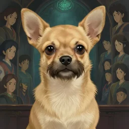 a beautiful hyperdetailed illustration of tan chihuahua schnauzer mix, big mustache, mangy, cute, perfectly shaded, atmospheric lighting, style of studio ghibli, makoto shinkai, raphael lacoste, louis comfort tiffany, artgerm, james jean, victo ngai, ross tran, chinese style