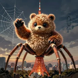 a massive furby with human spider legs weaving a web over tokyo, in the style of junji ito