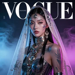 hyperrealistic futuristic high fashion photography, girl in studio,  by luis royo, asian, vogue magazine, nomad masterpiece, neon lights, smoke, covered in veils, beautiful intricate face and flawless skin, tribal jewelry, tattoos, by Edgar Maxence and Ross Tran and Michael Whelan, 8k, octane render