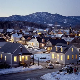 in the style of norman rockwell, gerald brom, caravaggio, beautiful small town, houses and buildings, 1 9 5 0 s, evening, lighting in windows, winter, mountains in the distance
