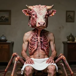 a man whose head is encased in a cube of beef. his lungs have burst from his ribs. his wife sits with a tea towel on her lap, drooling. she has forty legs.