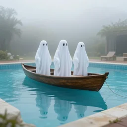 ghosts on the boat in the middle of the vintage swimming pools, fog, deep blue mood, colorful, contemporary archival color photograph print from the original negative, by stanley kubrick