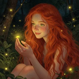 a young woman, admiring the lights of golden fireflies, sitting in the midst of nature fully covered, long loose red hair, intricate linework, green eyes, small nose with freckles, oval shape face, soft happy smile, realistic, expressive emotions, mystical scene, hyper realistic ultrafine detailed illustration by james jean and artgerm