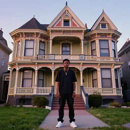 tyler, the creator standing in front of a victorian mansion, colonial architecture, intricate and smooth colors, front view, trending in artstation, colorful octane render, dawn light, art style by michal sawtyruk