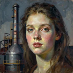 a detailed matte illustration of a factory with a beautiful face by julia hetta and robert h hudson
