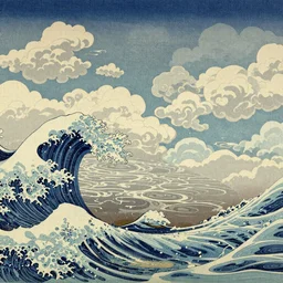 clouds and waves, An aesthetically pleasing, dynamic, energetic, lively, complex, intricate, detailed, well-designed digital art of a beach, ripples, waves, sea foam, light and shadow, overlaid with aizome patterns, Shin-hanga by Bob Ross, traditional Japanese colors, superior quality, masterpiece, featured, trending, award winning, HDR, 8K