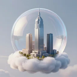 miniature skyscraper inside a bubble, resting on a cloud, realistic 3 d render, unreal engine, 8 k