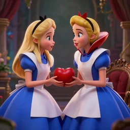 an insanely intricate detailed beautifull 3 d render of alice in wonderland meeting with heart queen, unreal engine, octane render, redshift, 8 k resolution, cell shaded rendering, soft dramatic lighting, cinematic, subsurface scattering, anti aliashing, by disney