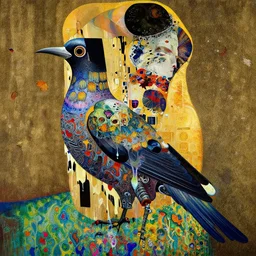 an insanely detailed cell shaded vector art of a side profile portrait of a mechanical bird with woman and the death, intricate detailed color smashing fluid oil paint and acrylic, autumn leaves, melting wax, mycelia, abstract impressionism, ruan jia, fantasy, hyper detailed, concept art, by gustav klimt,