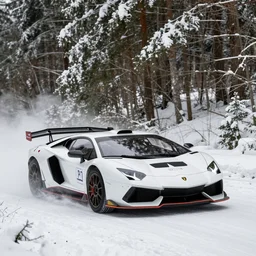a 2 0 1 0 lamborghini sesto elemento, racing through a rally stage in a snowy forest