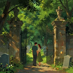 a beautiful illustration titled beyond the cemetery gates, warm green, moody, romantic, night, exquisite, vibrant colors, masterpiece, cinematic, high detail, by karl kopinski, by kim jung ji, by john stephens