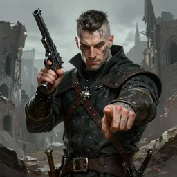 portrait of a wizard holding a gun, the witcher has a half shaved head and tattoos, the wizard holding a pistol points downwards, the wizard holding a pistol is only one and stands in a ruined city. by Ciryl Rolando, hyperrealistic illustration, digital art, studio lightning, very detailed faces