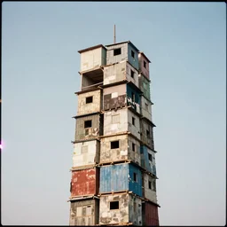 a tower made up of makeshift squatter shacks with bleached colours, mamiya, 8 5 mm, f 1. 7, uniform plain sky, light leaks, digital glitches, photographed by nick knight