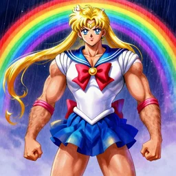 crossdressing magical man in anime style, colorful dress, illustration, hairy, muscular, male, digital painting, artstation, simon stalenhag, epic, stunning, rainbows, sailor moon, hdr, highly detailed