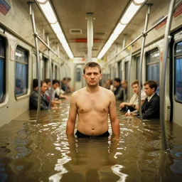 Photo from inside the metro wagon, in the center of the frame stands one calm man up to his chest in water and looks at the camera. Metro wagon is half flooded. Warm lighting, old color photo, USSR, extremely detailed, 8k, colorful