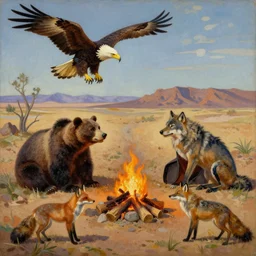 old west desert landscape, eagle, bear, wolf and two foxes around campfire telling stories, oil paint on canvas art deco era