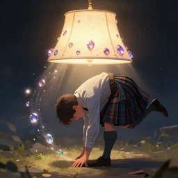 a lampshade wearing a kilt bows down to the ground and tries to jump up with its own power, the energy of the gemstones around it also sparkling in the light, fantasy art