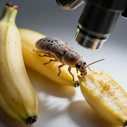 macro shot of a dust mite eating a banana, microscope, tilt shift, realistic, photography, scientific
