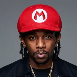 kendrick lamar wearing mario hat, red hat with white circle and red m, studio lighting