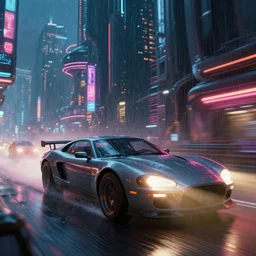 a car high speed chase in a sci - fi city, neon lights, lens flare, scale, night life, heavy rain, deep focus, d & d, sci - fi, intricate, elegant, highly detailed, digital painting, artstation, concept art, cyberpunk, need 4 speed, matte, sharp focus, illustration, art by artgerm and greg rutkowski and alphonse mucha