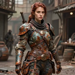 detailed ultrarealistic photography of rustpunk rustic robust street warrior girl, greg rutkowski, greg hildebrandt artstation mignola cinematic, full shot