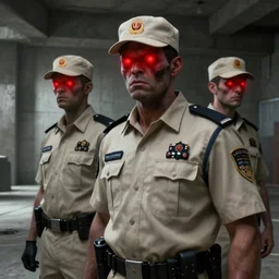 zombie security guard officers in beige uniform and caps with background brutalist concrete interior trending on artstation digital painting highly detailed ( ( red glowing ) ) 4 k 8 k hd by greg rutkowski