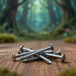 5 5 mm photo of a pile of freshly nails on a wooden table in a magical forest. dof. bokeh. magical atmosphere. art by greg rutkowski. highly detailed 8 k. intricate. lifelike. soft light. nikon d 8 5 0.