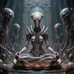 glistening elegant xenomorph alien meditating lotus position surrounded by creepy slimyalien face - hugger eggs, inside an alien temple shrine. by weta workshop, h. r. giger, greg rutkowski, takato yomamoto. beautifully detailed render, extremely hyper detailed, intricate, epic composition, cinematic lighting, masterpiece, trending on artstation, cinematic dramatic atmosphere, matte painting