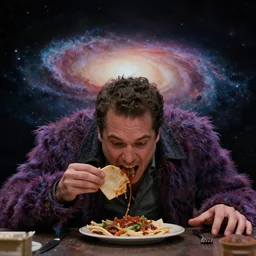 a cinematic still of ((andy samberg)) ferociously eating a galaxy, galactus!, masterpiece, (monster), (empty black void)