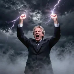 photograph of geert wilders shouting, raising both hands, emitting lightning from his hands, ground mist, dramatic lighting, dark clouds, sinister
