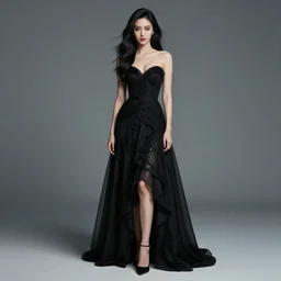 photo of a gorgeous young woman in the style of stefan kostic, black hair, black dress, full body realistic, sharp focus, 8k high definition, insanely detailed, intricate, elegant, art by stanley lau and artgerm