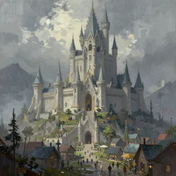 a digital painting in the style of ilya lushnikov of a magnificent light grey high fantasy castle on top of a mountain. below is a bustling town filled with people, artstation, rainy weather, brushtrokes