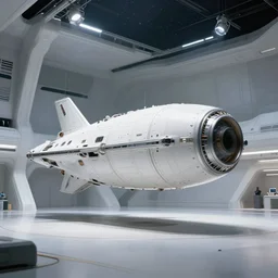 a space ship in a white futuristic hangar, studio lighting, interstellar, greg fraser, denis villeneuve