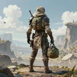 concept art of a post apocalyptic explorer nomad with bag standing on a platform, back view, hyperrealistic, photorealistic, style by wlop, anime style, hyper detailed, 8 k
