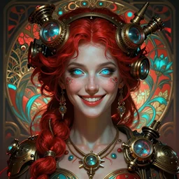 the goddess ariadne smirking, steampunk, glowing eyes, volumetric lights, red and cyan theme, art nouveau botanicals, intricate, highly detailed, digital painting, artstation, concept art, smooth, sharp focus, cinematic, illustration, beautiful face, art by artgerm and greg rutkowski and alphonse mucha