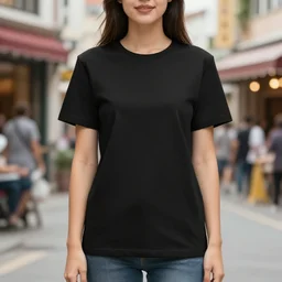 clear photorealistic mockup product photograph of a blank black tshirt on an attractive female model in front of a lively street background