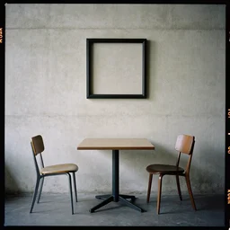 kodak portra 4 0 0, 8 k, highly detailed, britt marling style, award winning colour still - life portrait of a concrete wall with a square pictureframe in the middle and one table, one chair on the floor, 1 9 2 0 s bauhaus style