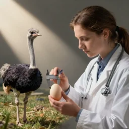Pensive Researcher measures an ostrich egg with calipers, fantasy art by Anna Dittman