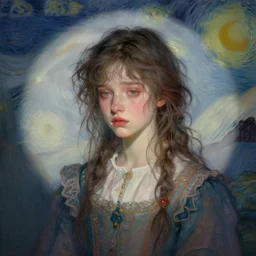 portrait of a beautiful girl, messy hair, sad, dreaming, dark pastel colors, beautiful face, rule of thirds, intricate outfit, spotlight, by greg rutkowski, by jeremy mann, by francoise nielly, by van gogh, digital painting