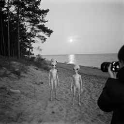 two humanoid aliens with large eyes, standing on a beach at baltic sea, near a pine forest, early evening, dim light, moon reflects on the water, photo quickly taken by someone passing by a 3 5 mm film camera, black and white, flash lit, candid photo, spooky, wide shot, detailed