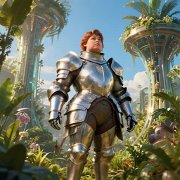 a short and chubby female knight in a hi-tech botanical world with blue skies | style of donato giancola, vincent callebaut, dramatic light | high detail | cinematic lighting | pristine metals, glass, plants | solarpunk | golden hour | volumetric lighting | concept art |