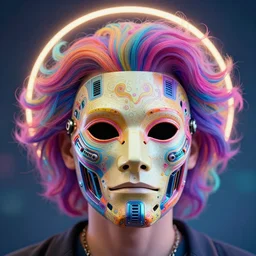 a colorful closeup portrait of the a cybertronic mask depicting the dude from the big lebowski. dreamy vibes floating head and dreaming psychedelic hair. halo behind his head. trending on artstation. by peter mohrbacher and moebius and alex ross. intricate detail. hyperrealistic. photorealism. 8 k. flat design