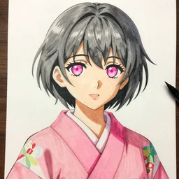 woman ; ashy short hair ; pink eyes ; bright colours ; himalayan ; tan skin ; wearing kimono ; drawn by mengo yokoyari and artgerm ; digital art ; high detail ; trending on artstation ; anime key visual