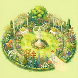 an illustration of a beautiful garden, isometric view, painted by denis sarazhin and james jean and alphonse mucha