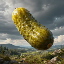 a large floating pickle, digital art, concept art, trending on DeviantArt, trending on Artstation, high quality, 8K HDR, octane render, unreal engine 5, path tracing, breathtaking landscape, dramatic lighting, cinematic, highly detailed
