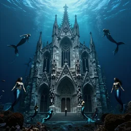 an intricate photograph of an underwater gothic cathedral at the bottom of the ocean surrounded by mermaids by david lachapelle, francisco goya, william blake, dark and scary abyssal ambient, photorealistic, octane render, unreal engine, 4 k, smooth zenithal lighting, subaquatic photography,