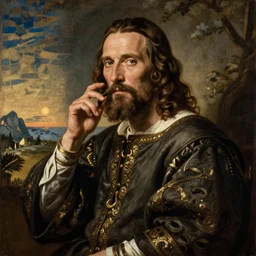 regal painting of willem dafoe, renaissance oil painting, studious